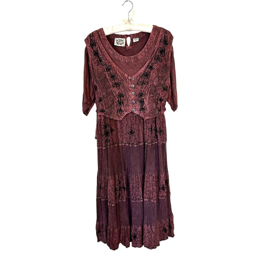 Vtg 24 Karat Boho Embroidered Maxi Dress Vest Detail Tiered Large Phoebe Cotton